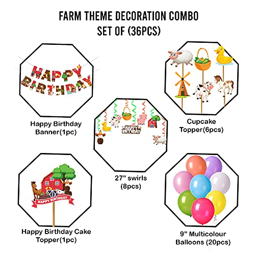 Festiko Farm House Animal Theme Happy Birthday Party Decoration Combo (36 Pcs)|Farm House Animals Party Favors For Kids Birthday Decoration(Banner/Bunting|Swirls|Balloons|Cup Cake Topper|Ribbons) - Image 2