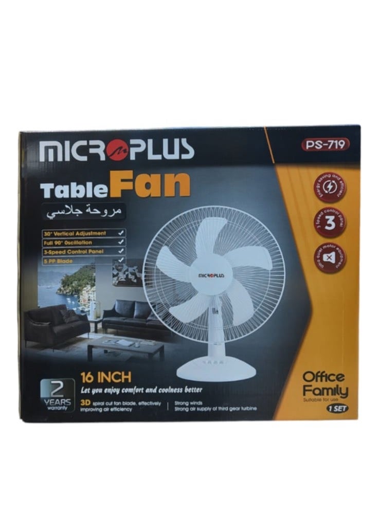 Micro Plus 16-Inch Table Fan - 3-Speed Settings, 90° Oscillation, 30° Vertical Adjustment, 5 PP Blades, Energy Efficient - Image 4