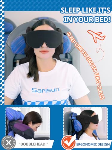 SARISUN وسائد سفر SARISUN للطائرات، وسادة طائرة مع قناع نوم، دعم رأس 360°، أساسيات السفر، حزام رأس قابل للتعديل للطائرات مع/بدون مقعد رأس، أزرق مائل - Image 4