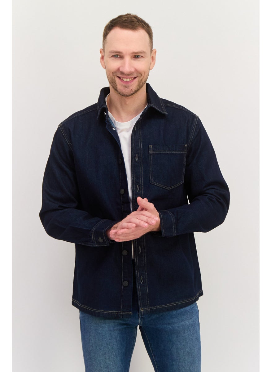 Jules Men Regular Fit Solid Long Sleeve Denim Casual Shirts, Dark Blue  - Image 1