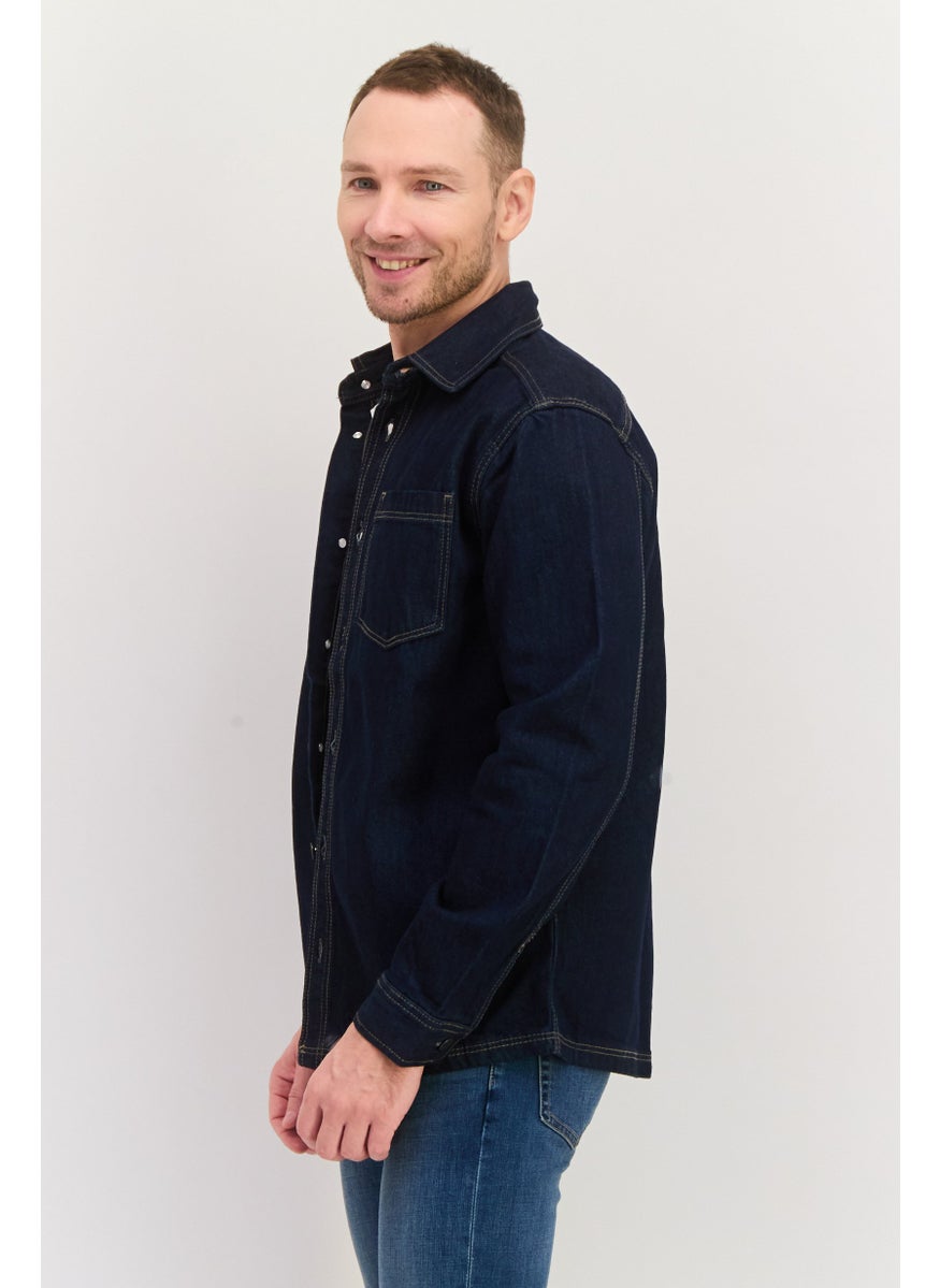 Jules Men Regular Fit Solid Long Sleeve Denim Casual Shirts, Dark Blue  - Image 2
