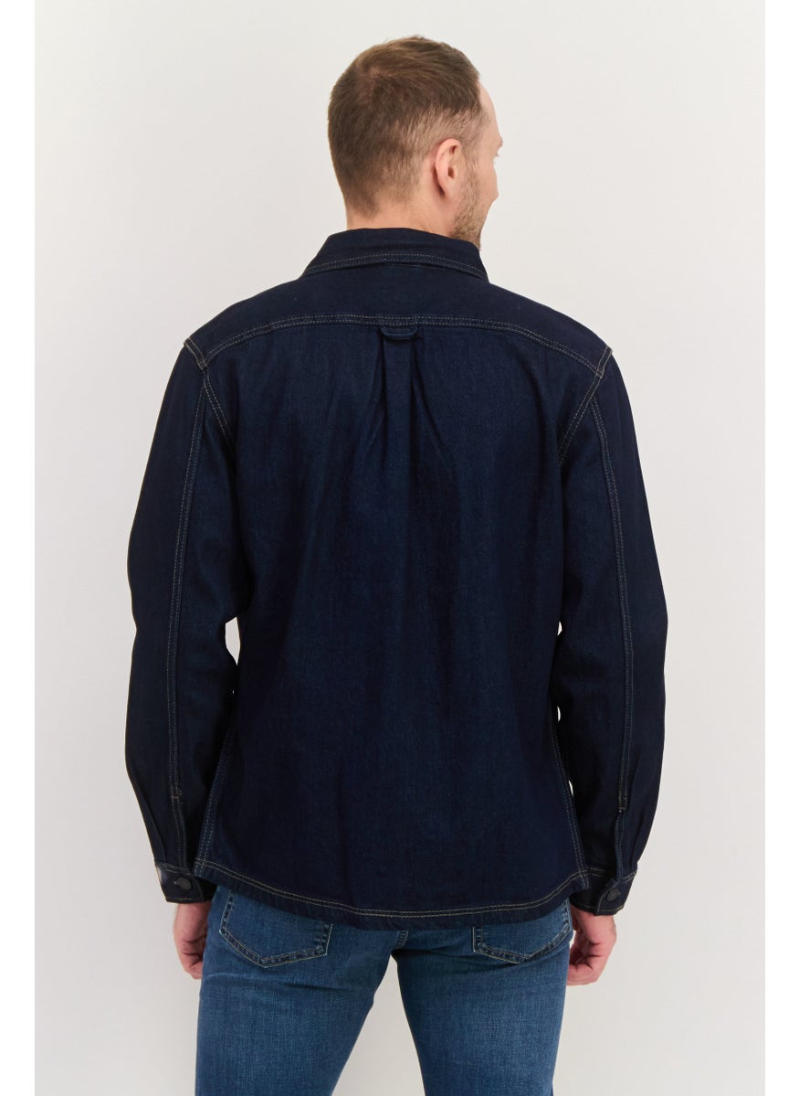 Jules Men Regular Fit Solid Long Sleeve Denim Casual Shirts, Dark Blue  - Image 3