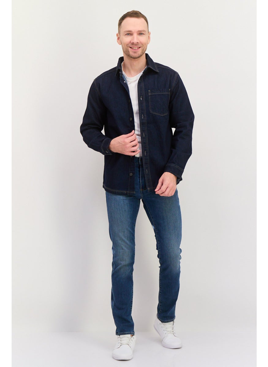 Jules Men Regular Fit Solid Long Sleeve Denim Casual Shirts, Dark Blue  - Image 4