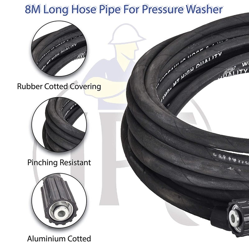 KRISHAK TOOLS Nylon High Pressure Washer 2750 Psi 8 Meter Hose Pipe Suitable For Cazar Ballorex Jpt Starq Car Washers Not Useful For Tap Connection Subject To Availability Colour BlackWhite - Image 3