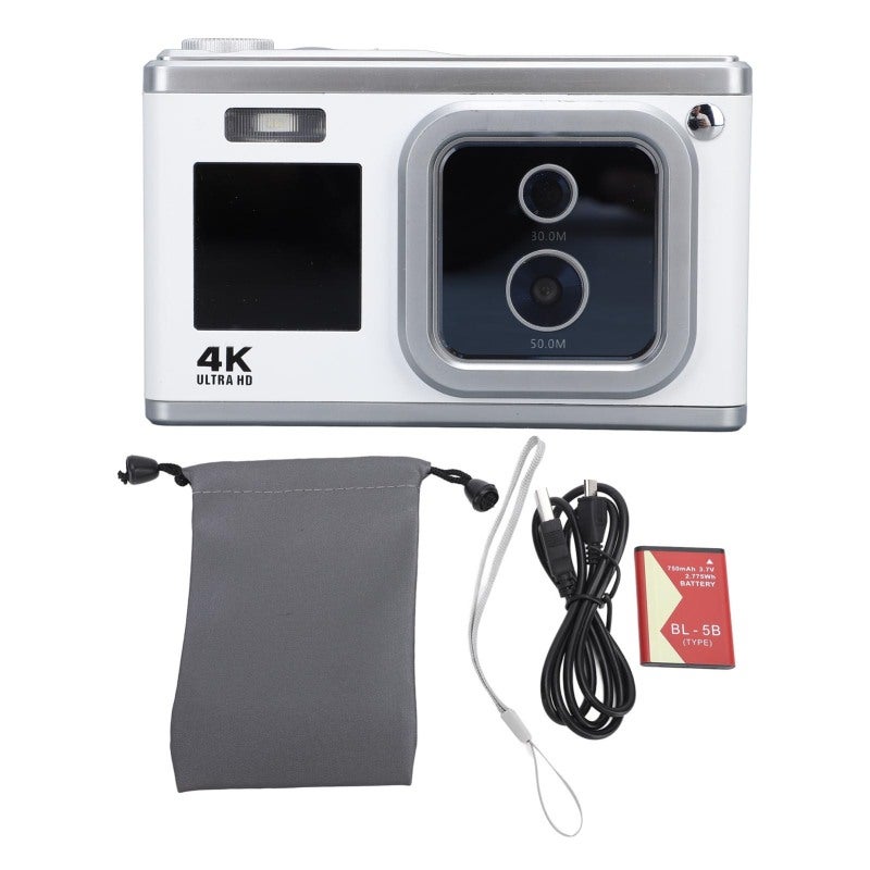 4K Digital Camera: 50MP 30MP Dual High Definition Cameras, Dual Screen, Auto Focus, 16X Digital Zoom, Built In Flash - White Compact Camera for Teens, Students, Beginners - Image 1