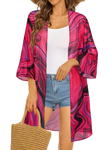 CHICGAL Womens Kimono for Summer Puff Sleeve Cardigan Casual Loose Fit Beach Cover Ups Resorts Swimwear 2026 (Tie Dyed Rose Red,L) - Image 1