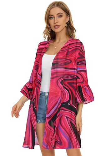 CHICGAL Womens Kimono for Summer Puff Sleeve Cardigan Casual Loose Fit Beach Cover Ups Resorts Swimwear 2026 (Tie Dyed Rose Red,L) - Image 4