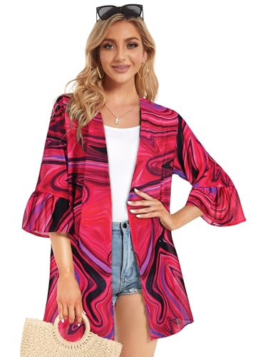 CHICGAL Womens Kimono for Summer Puff Sleeve Cardigan Casual Loose Fit Beach Cover Ups Resorts Swimwear 2026 (Tie Dyed Rose Red,L) - Image 2