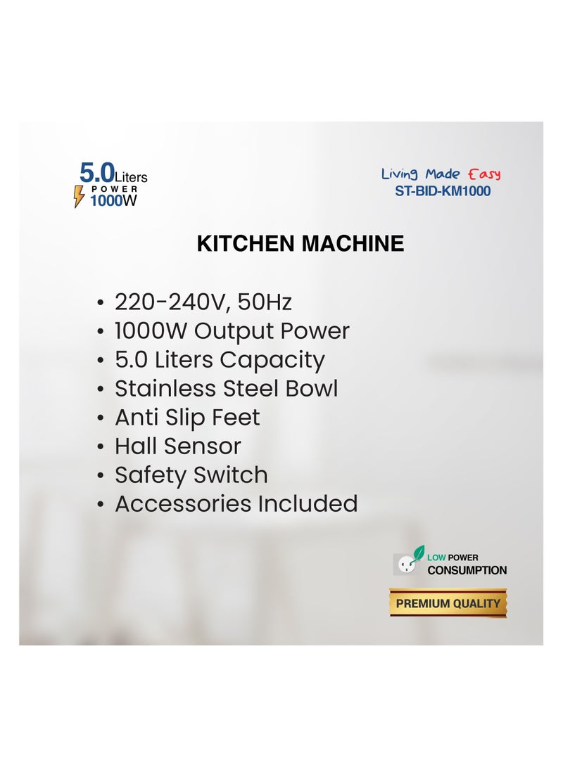 STAR TRACK Kitchen Machine 1000W, Stainless Steel Bowl, Dough Hook, Beater And Whisk, Premium Quality 5 L 1000 W ST-BID-KM1000 Sliver - Image 3