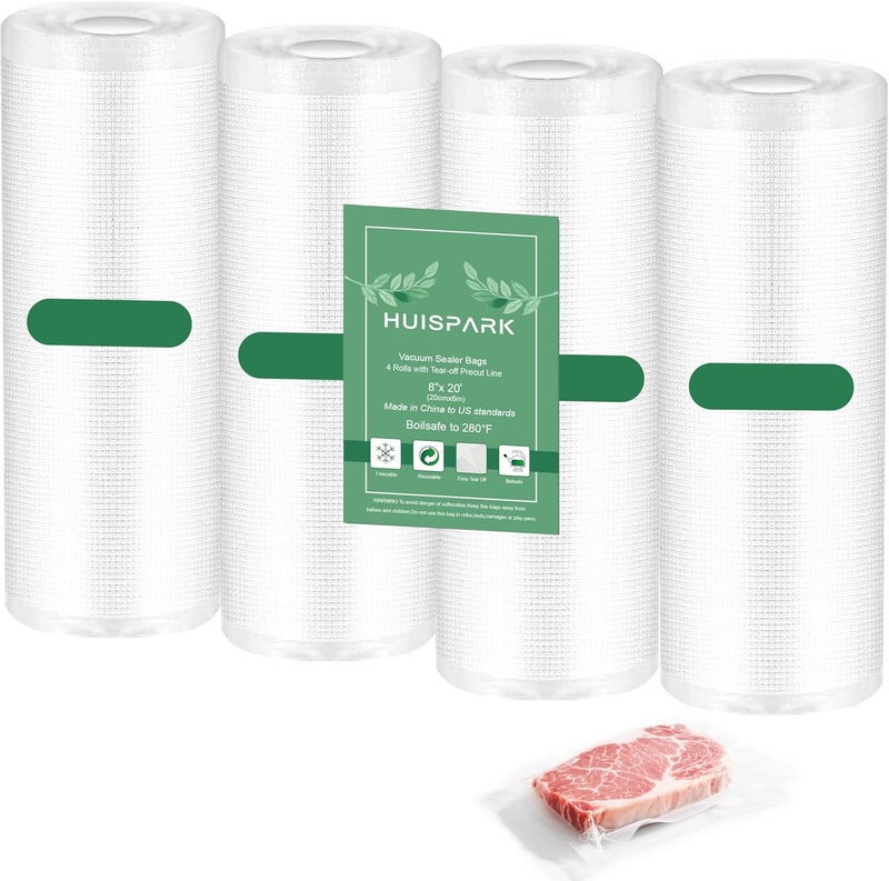 HUISPARK Pre-Cut Perforated Vacuum Sealer Bags Rolls,Heavy-Duty Vacuum Sealer Roll Bags 8x12 Inch 4 Rolls 80 Tear Off Bags,Easy-Tear Food Grade Storage Bags for Sous Vide, Freezer & Meat (BPA Free) - Image 1