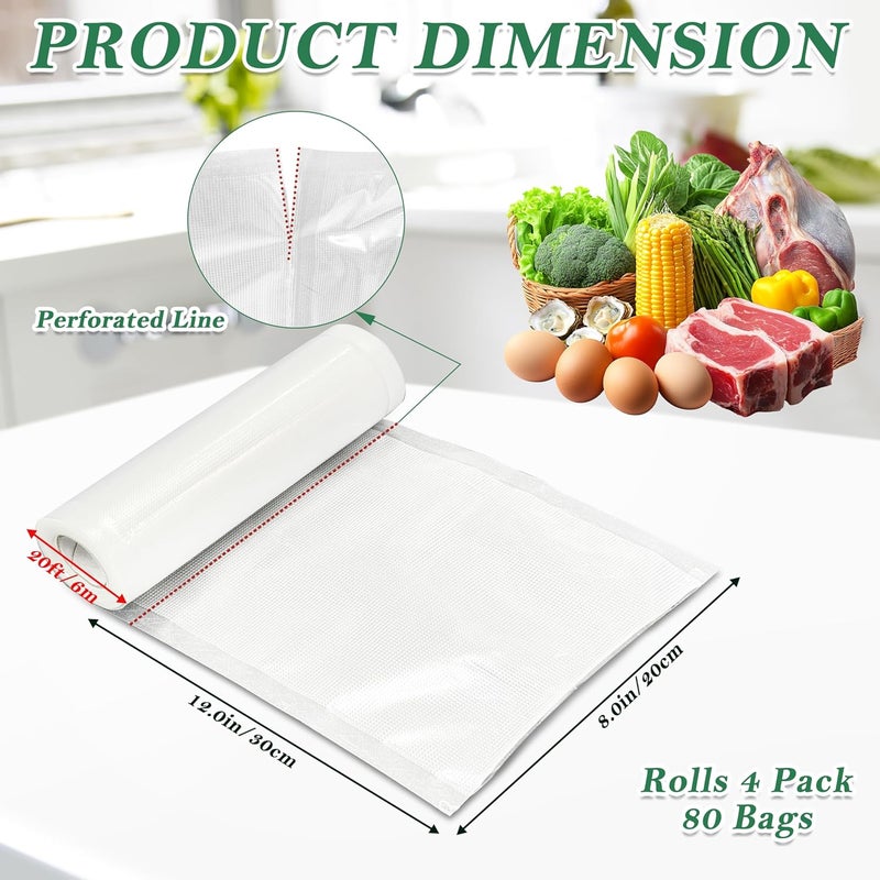 HUISPARK Pre-Cut Perforated Vacuum Sealer Bags Rolls,Heavy-Duty Vacuum Sealer Roll Bags 8x12 Inch 4 Rolls 80 Tear Off Bags,Easy-Tear Food Grade Storage Bags for Sous Vide, Freezer & Meat (BPA Free) - Image 2