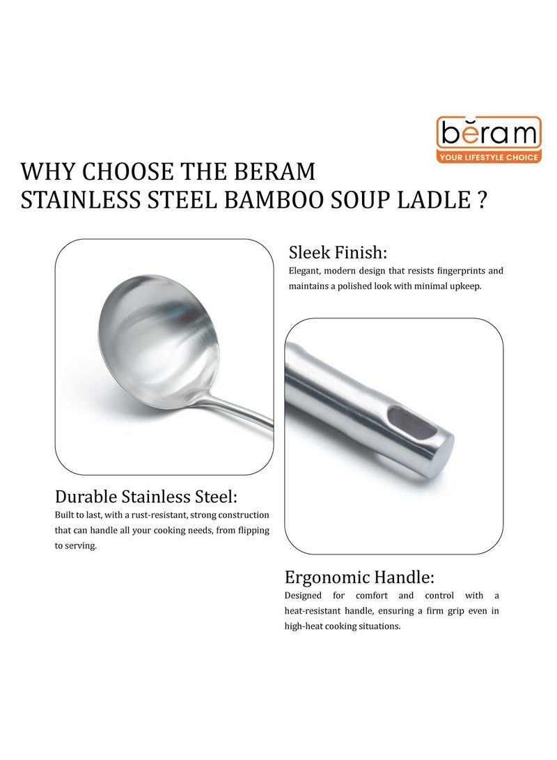 بيرام مغرفة حساء بيرام، ملعقة حساء، أداة مطبخ من الفولاذ المقاوم للصدأ 304، أداة طهي، ملعقة تقديم، آمنة للطعام، غير قابلة للتشوه، مدمجة، خفيفة الوزن، بمقبض على شكل خيزران لسهولة الإمساك - Image 4