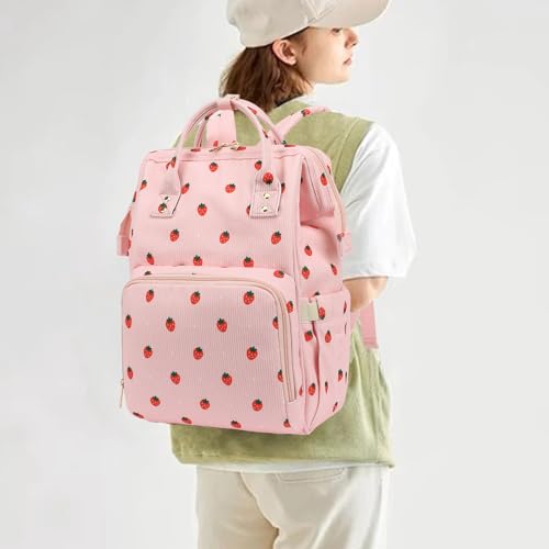 Yusudan Corduroy Diaper Bag Backpack for Baby Girls Boys, Women Large Nappy Bags for Mom (Pink Corduroy Strawberry) - Image 2