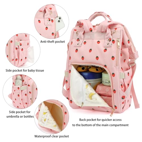 Yusudan Corduroy Diaper Bag Backpack for Baby Girls Boys, Women Large Nappy Bags for Mom (Pink Corduroy Strawberry) - Image 4