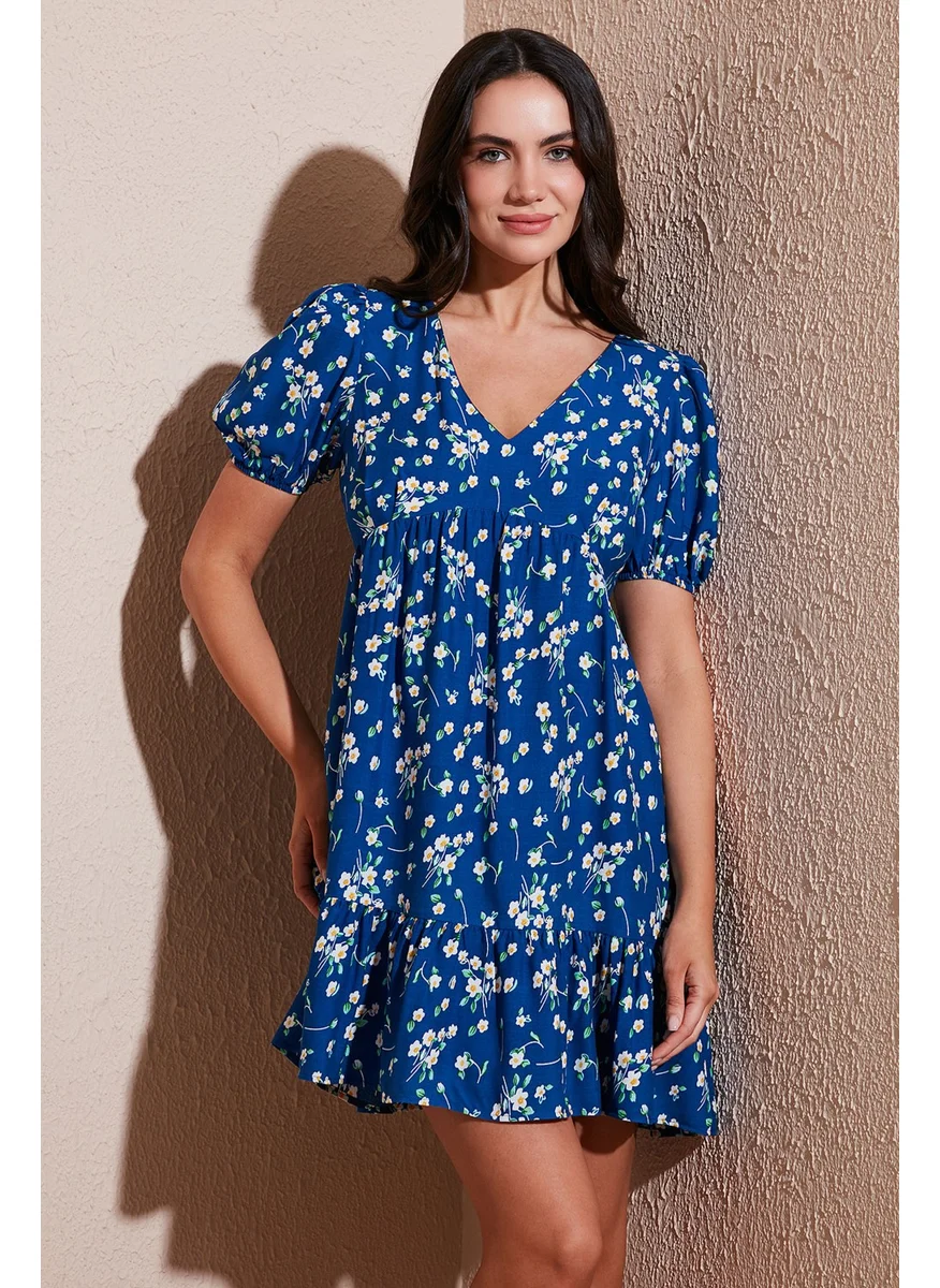 Lela Regular Fit V Neck Balloon Sleeve Patterned Mini Dress Women's Dress 67810045