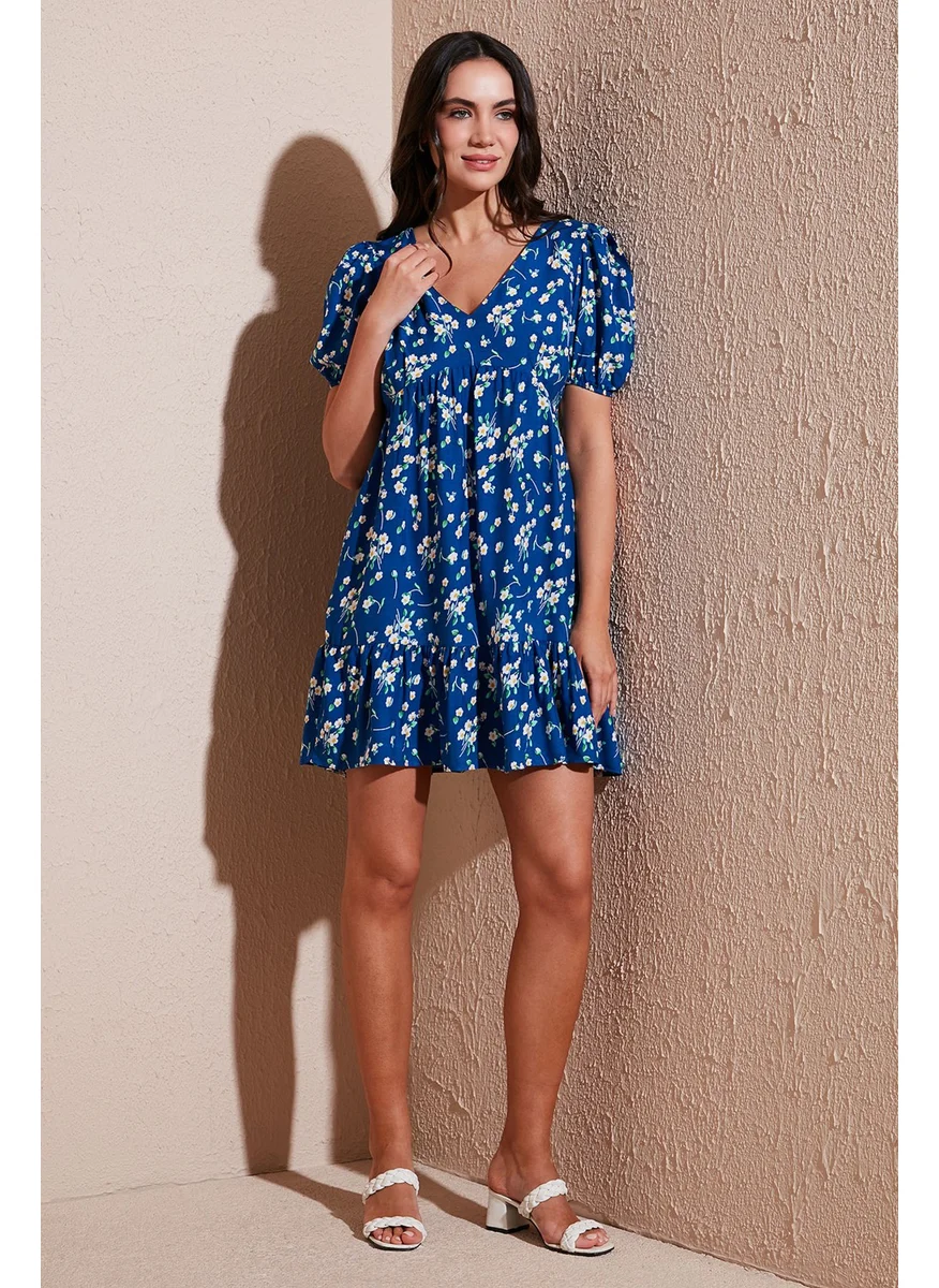 Lela Regular Fit V Neck Balloon Sleeve Patterned Mini Dress Women's Dress 67810045