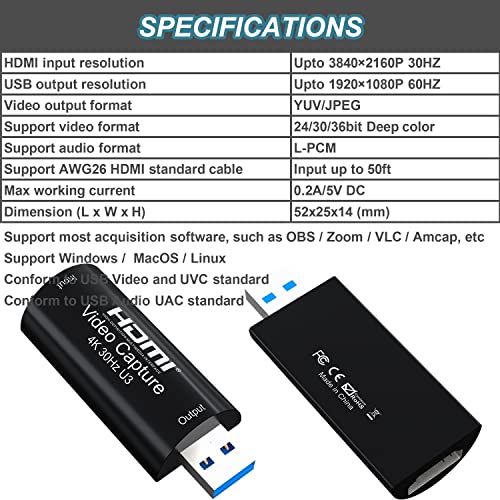 AMZHRLY 4K HDMI to USB 3.0 Video Capture Card 1080P 60FPS Cam Link Card Game Capture Card Adapter Screen Record Capture Device for Streaming, Gaming, Video Conference, Teaching, Live Broadcasting - Image 2