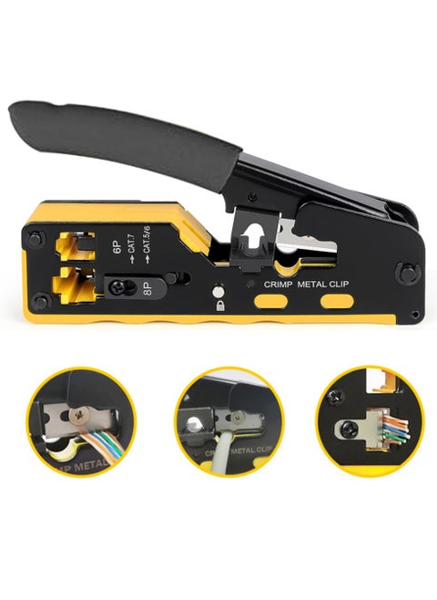 RJ45 Pass Through Crimp Tool, RJ45 Cat5 Cat6 Cat7 Crimping Tool, RJ11 Crimping Tool, Ethernet Network Cable Crimper Stripper, Modular Crimping Equipment Mini Tool Pliers