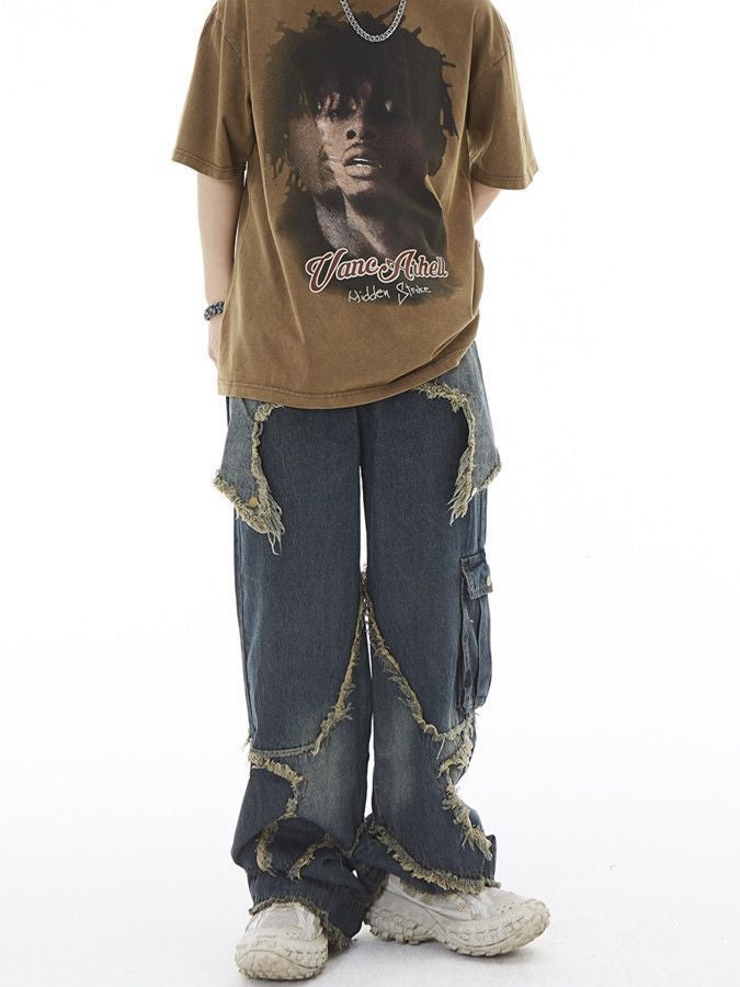 جينز أمريكي فضفاض تصميم للرجال والنساء بنطلون ممزق مستقيم واسع الساق علامة تجارية عصرية - Image 3