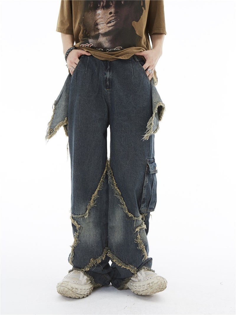 جينز أمريكي فضفاض تصميم للرجال والنساء بنطلون ممزق مستقيم واسع الساق علامة تجارية عصرية - Image 4