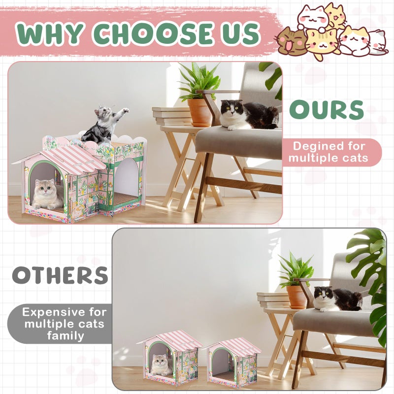 Lineshading 2 Story Cardboard Cat House with Scratcher Pad for Small Kitten,17x12x10 Multi Level Durable Cat Condo & Villa for Bunny Rabbit Small Animals Christmas Birthday Gift(17x12x10,Florist) - Image 4