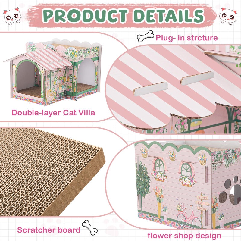 Lineshading 2 Story Cardboard Cat House with Scratcher Pad for Small Kitten,17x12x10 Multi Level Durable Cat Condo & Villa for Bunny Rabbit Small Animals Christmas Birthday Gift(17x12x10,Florist) - Image 3