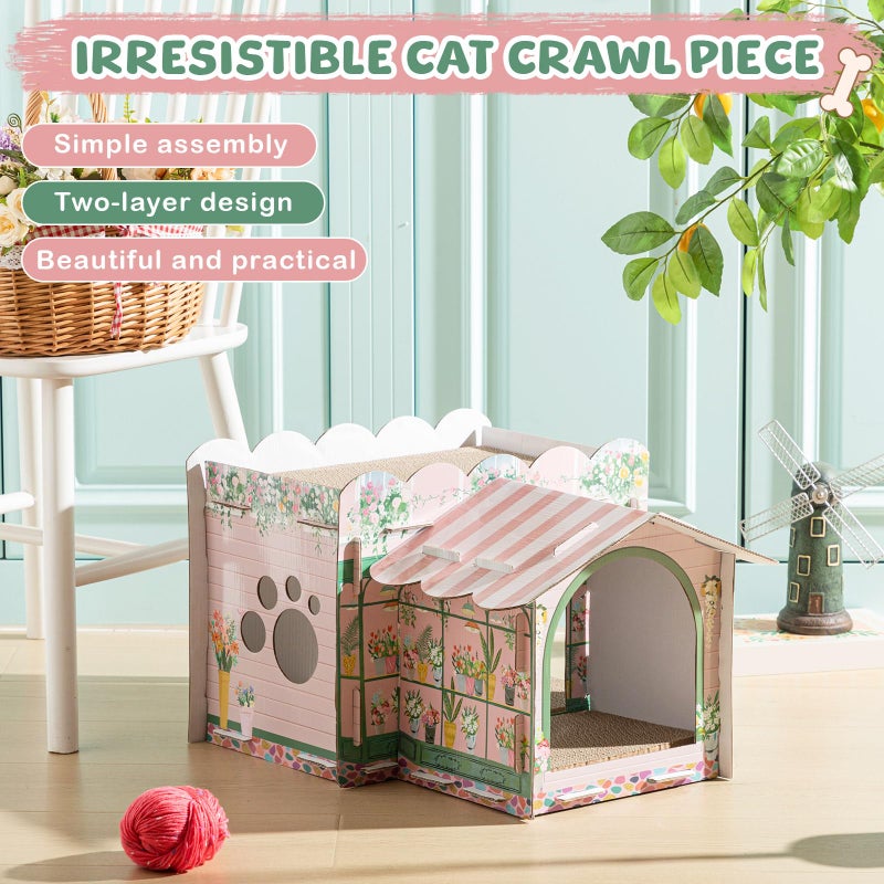 Lineshading 2 Story Cardboard Cat House with Scratcher Pad for Small Kitten,17x12x10 Multi Level Durable Cat Condo & Villa for Bunny Rabbit Small Animals Christmas Birthday Gift(17x12x10,Florist) - Image 5