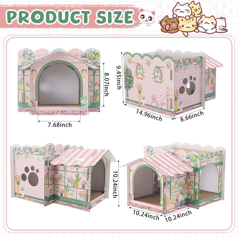 Lineshading 2 Story Cardboard Cat House with Scratcher Pad for Small Kitten,17x12x10 Multi Level Durable Cat Condo & Villa for Bunny Rabbit Small Animals Christmas Birthday Gift(17x12x10,Florist) - Image 2