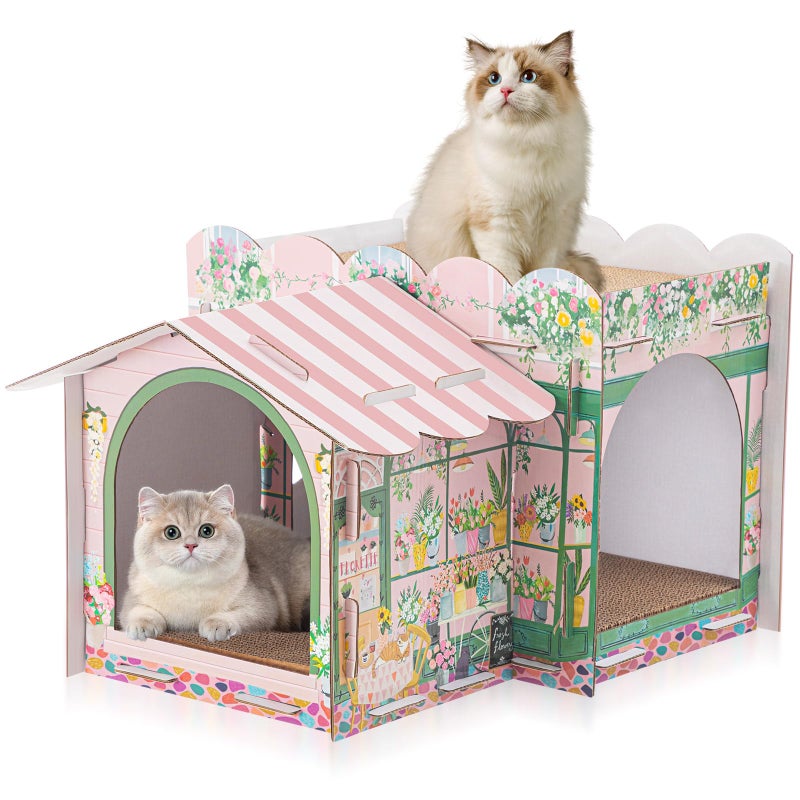 Lineshading 2 Story Cardboard Cat House with Scratcher Pad for Small Kitten,17x12x10 Multi Level Durable Cat Condo & Villa for Bunny Rabbit Small Animals Christmas Birthday Gift(17x12x10,Florist) - Image 1