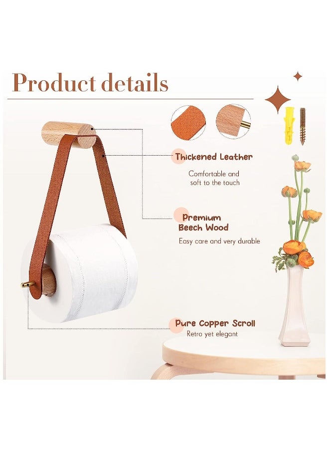 Generic - Wood & Leather Wall Toilet Paper Holder, Vintage Design Rustic Tissue Rolls Paper Holder with Self Adhesive, Graceful and Natural Bathroom Accessories, 1 Pcs (Brown) - Image 1