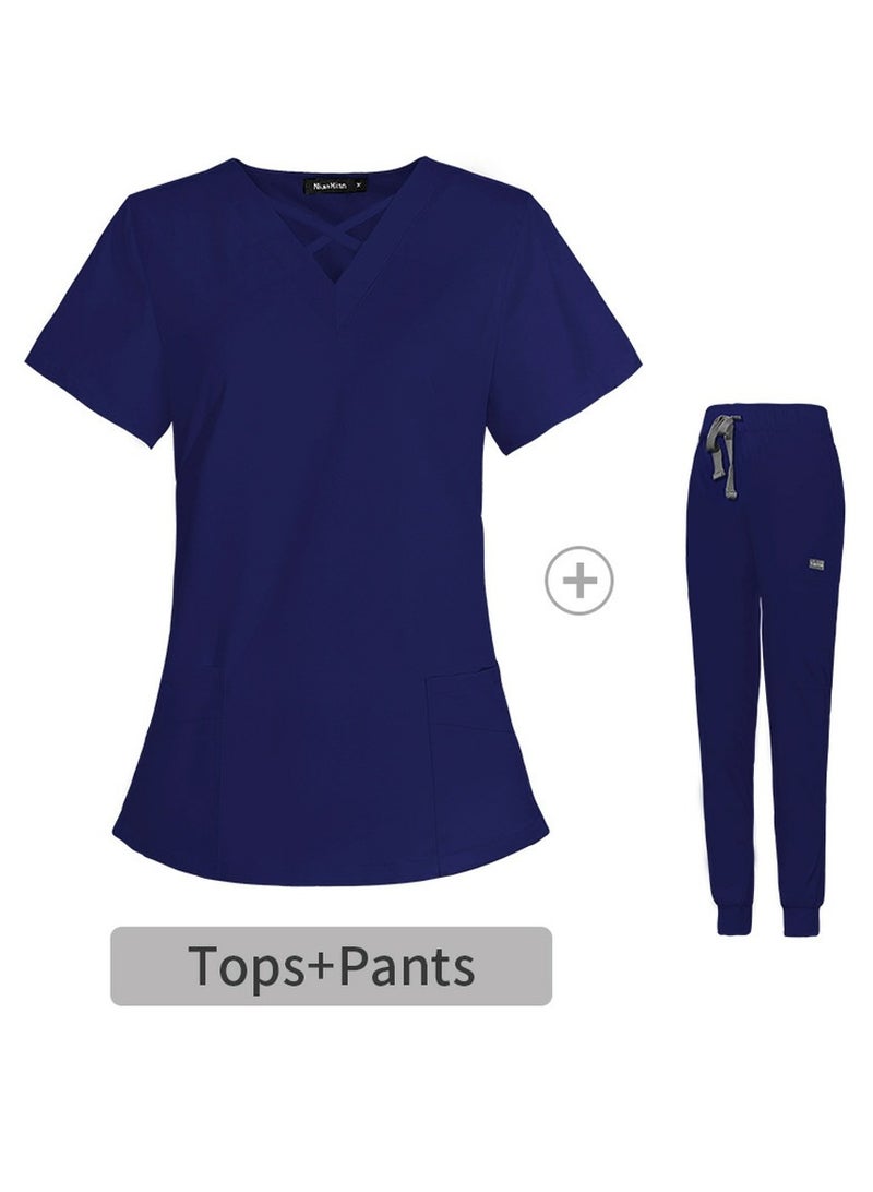 Loquat Fashion Medical Uniform Scrubs 2 Piece Set Stand Collar Top and Jogger Pants Suit Navy Blue 