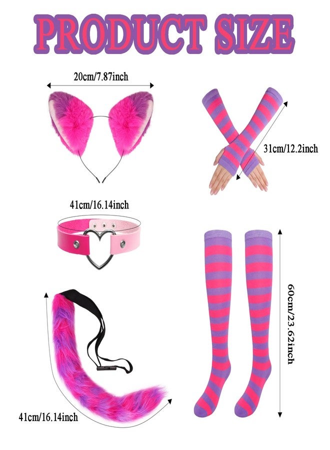 Fumwase Pink Purple Striped Cat Costume Set - Ears, Necklace, Furry Tail, Striped Gloves, Socks - Women's Cosplay Halloween - Image 2