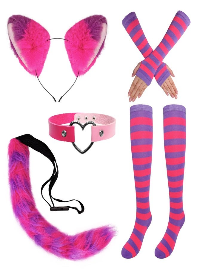 Fumwase Pink Purple Striped Cat Costume Set - Ears, Necklace, Furry Tail, Striped Gloves, Socks - Women's Cosplay Halloween - Image 1