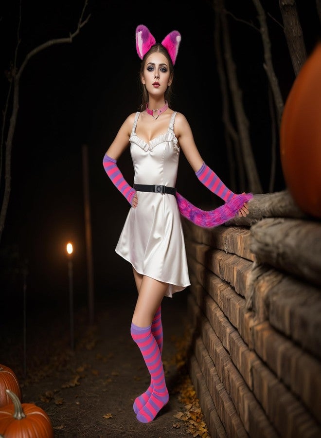 Fumwase Pink Purple Striped Cat Costume Set - Ears, Necklace, Furry Tail, Striped Gloves, Socks - Women's Cosplay Halloween - Image 5