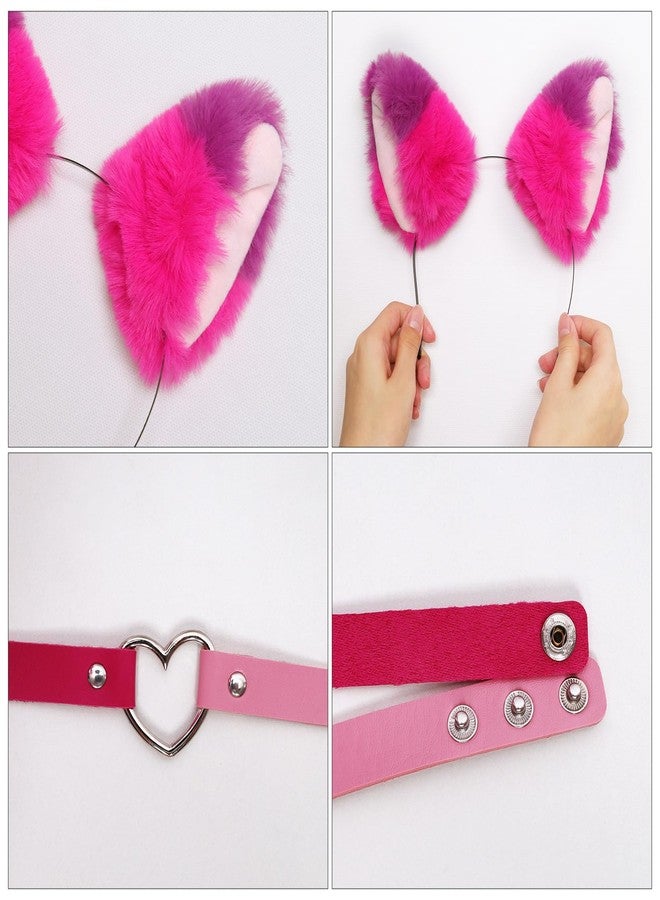 Fumwase Pink Purple Striped Cat Costume Set - Ears, Necklace, Furry Tail, Striped Gloves, Socks - Women's Cosplay Halloween - Image 3