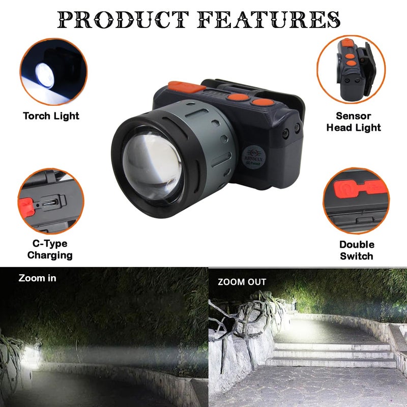 RENMAX RENMAX Bright Head Mount Torch Zoom Waterproof Rechargeable Handsfree IR Sensor LED Blinker Metal Spotlight for Cycling Camping Caving Hiking Hunting Trekking 1Pc Zoom Focus 100W - Image 5