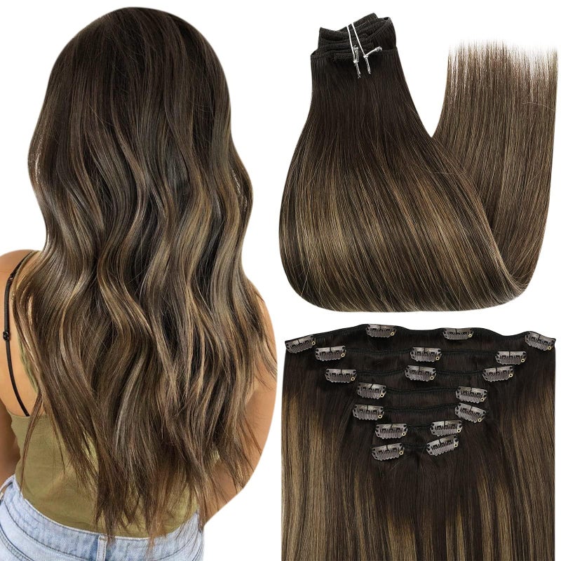 Full Shine Clip in Hair Extensions Human Hair Balayage Clip in Extensions Dark Brown to Chestnut Brown Double Weft Human Hair Extensions for Women 14 Inch 7 Pcs 120 G