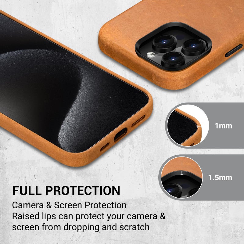 Belemay Compatible with iPhone 15 Pro Leather Case with Magsafe - Top Grain Vintage Crazy Horse Leather - Metal Buttons & Lens Protector - Slim Fit - Soft Premium Phone Cover (6.1-inch) Tan Brown - Image 4