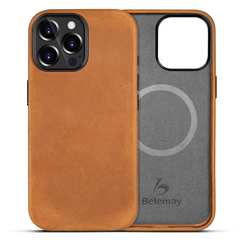 Belemay Compatible with iPhone 15 Pro Leather Case with Magsafe - Top Grain Vintage Crazy Horse Leather - Metal Buttons & Lens Protector - Slim Fit - Soft Premium Phone Cover (6.1-inch) Tan Brown - Image 1