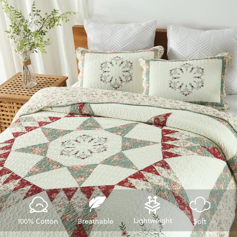 camandy Cotton Bedspread Quilt Bedding Sets, 3 Pieces Reversible Coverlets Comforters Star with Green Floral Real Patchwork Bedspread, King Size - Image 2