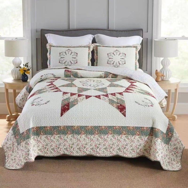 camandy Cotton Bedspread Quilt Bedding Sets, 3 Pieces Reversible Coverlets Comforters Star with Green Floral Real Patchwork Bedspread, King Size - Image 1
