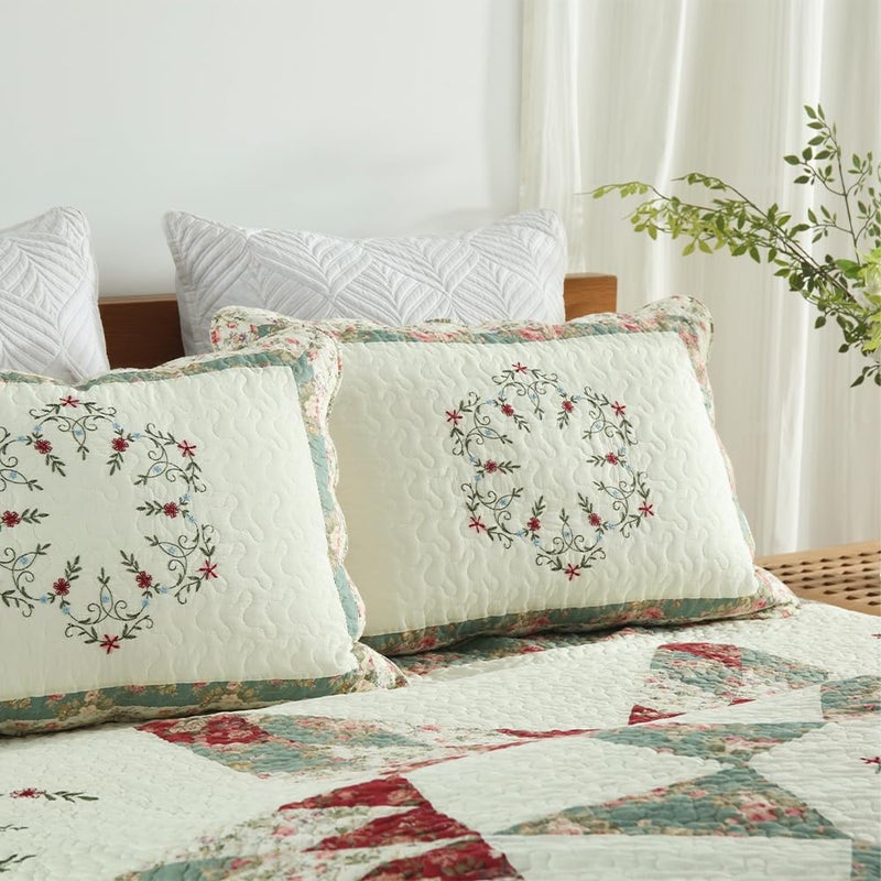 camandy Cotton Bedspread Quilt Bedding Sets, 3 Pieces Reversible Coverlets Comforters Star with Green Floral Real Patchwork Bedspread, King Size - Image 4