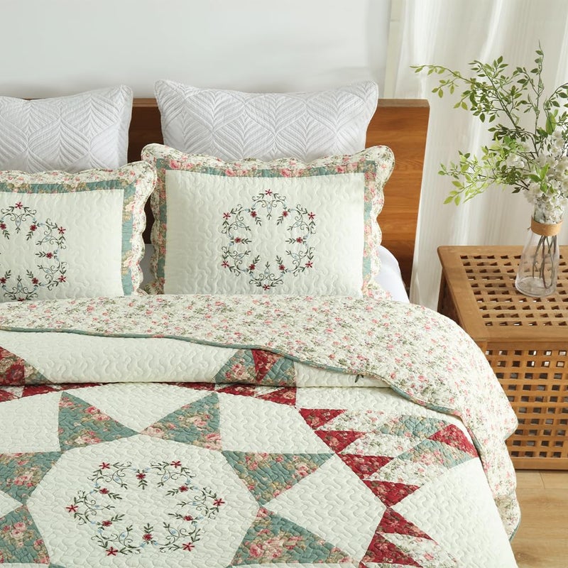 camandy Cotton Bedspread Quilt Bedding Sets, 3 Pieces Reversible Coverlets Comforters Star with Green Floral Real Patchwork Bedspread, King Size - Image 3