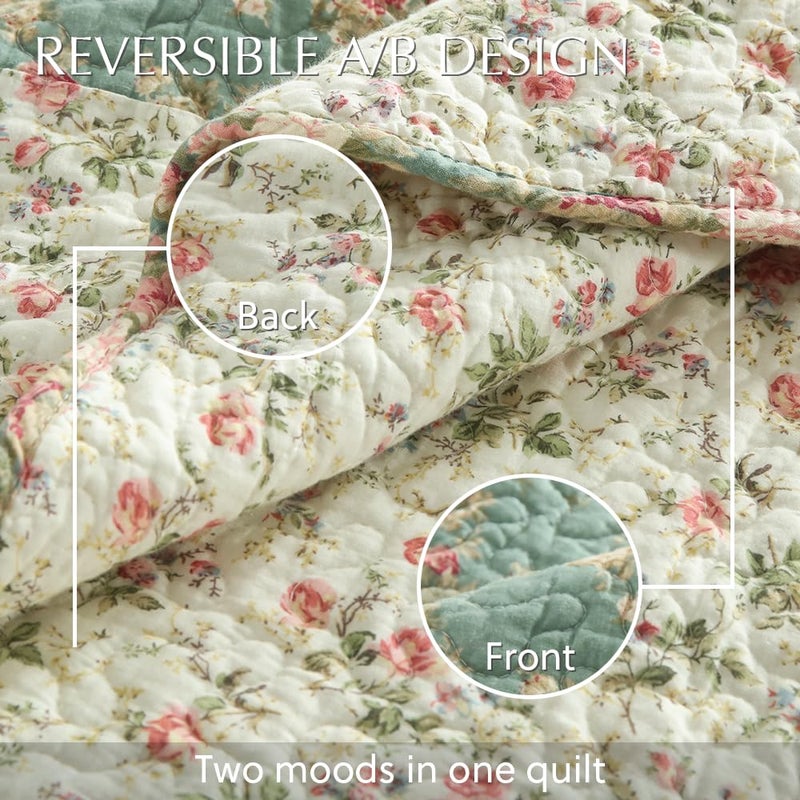 camandy Cotton Bedspread Quilt Bedding Sets, 3 Pieces Reversible Coverlets Comforters Star with Green Floral Real Patchwork Bedspread, King Size - Image 5