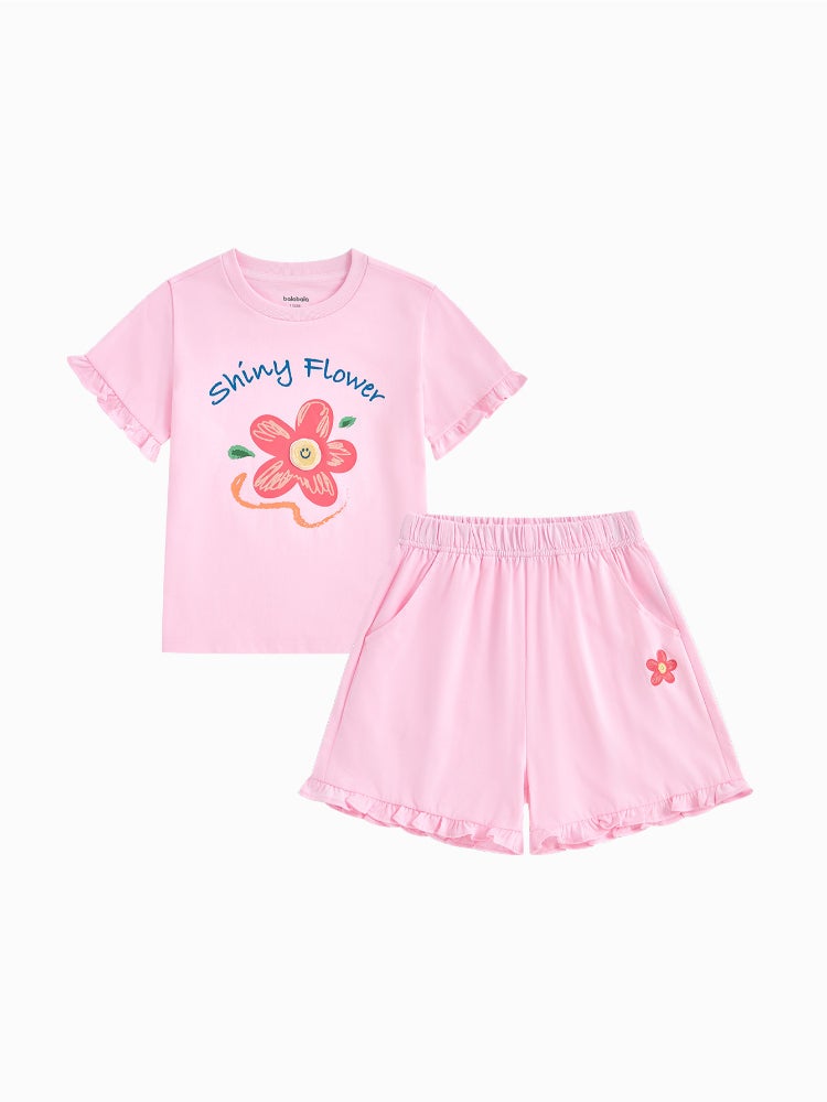 بالابالا طقم من قطعتين - تيشيرت وشورت مزين بكشكش وطبعات للبنات - Image 1