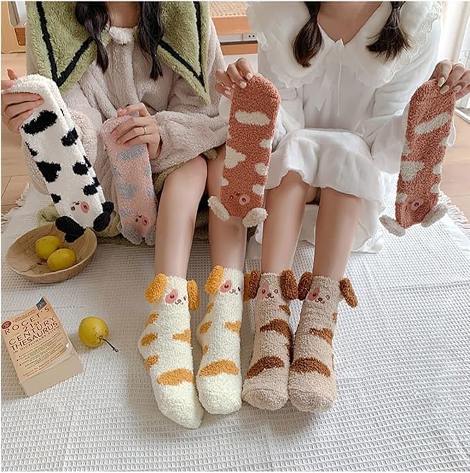 HZYH 5 Pairs Women Fuzzy Socks, Soft Cozy Animal Slipper Socks, Warm Microfiber Winter Sleep Socks, Cute Indoor Fluffy Socks for Women and Girls, Gift for Birthday or Christmas - Image 2