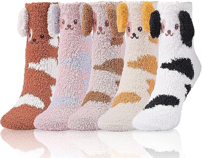HZYH 5 Pairs Women Fuzzy Socks, Soft Cozy Animal Slipper Socks, Warm Microfiber Winter Sleep Socks, Cute Indoor Fluffy Socks for Women and Girls, Gift for Birthday or Christmas - Image 1