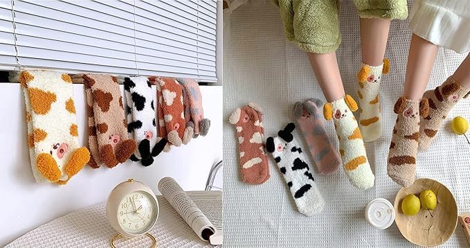 HZYH 5 Pairs Women Fuzzy Socks, Soft Cozy Animal Slipper Socks, Warm Microfiber Winter Sleep Socks, Cute Indoor Fluffy Socks for Women and Girls, Gift for Birthday or Christmas - Image 5