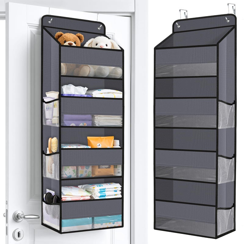 WISELIFE Over The Door Organizer Storage with 4 Large Pockets Door Hanging Organizer with Clear Windows behind The Door Storage for Nursery Bedroom Bathroom Pantry Closet and Baby Essentials Dark Grey - Image 1