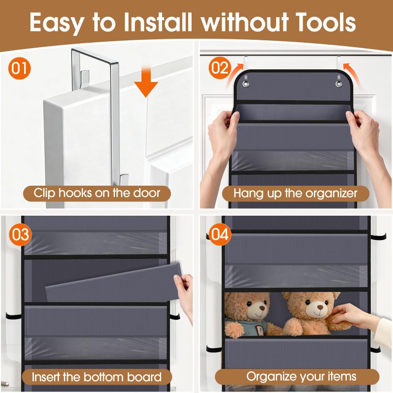 WISELIFE Over The Door Organizer Storage with 4 Large Pockets Door Hanging Organizer with Clear Windows behind The Door Storage for Nursery Bedroom Bathroom Pantry Closet and Baby Essentials Dark Grey - Image 3